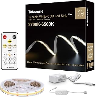 Tatazone 6.56ft Tunable White COB LED Strip Lights RF Remote CRI 93+ Dimmable 2700K-6500K High-Density Tape for Bedroom Kitchen Cabinet
