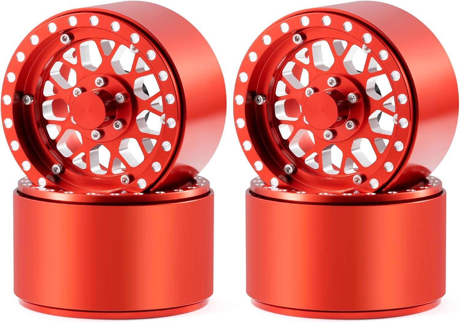 RCLIONS 4PCS Width 39mm 2.2" Beadlock Wheels -15mm Offset Deep Dish Aluminum Rims for Axial Wraith SCX10-II III TRX4 1/10 RC Crawler Truck Car (Red)