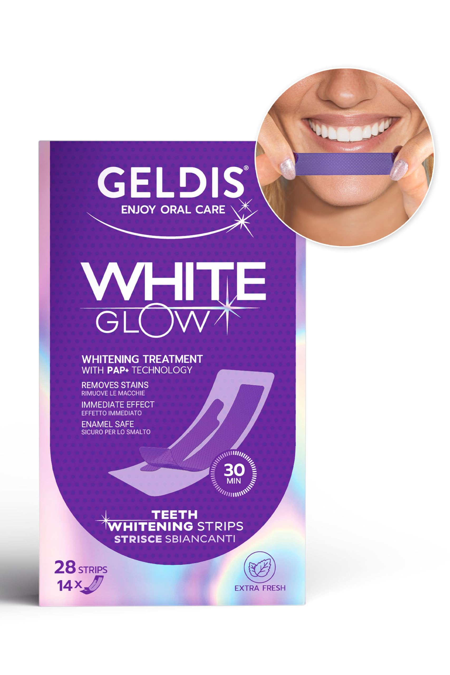 GELDIS Whitening Strips WHITEGlow, Striscie Sbianca Denti, 28 strisce per 14 giorni, Rimuove Macchie Superficiali, Delicate su Smalto e Gengive, Facili da Usare