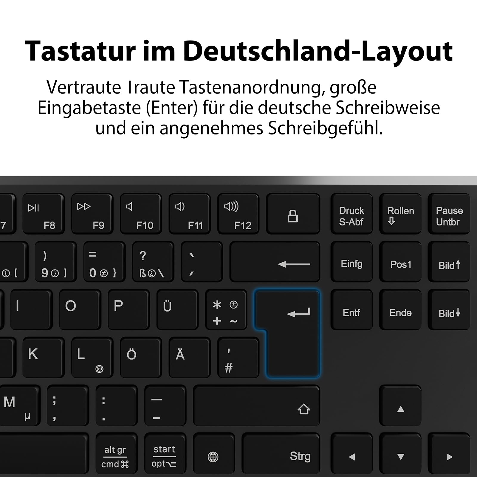 TECURS Kabellose Bluetooth Tastatur (2BT+2.4G), QWERTZ Layout, Schwarz