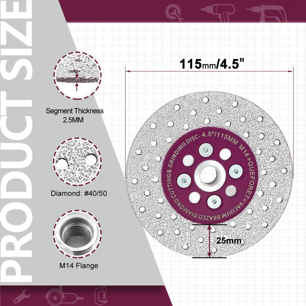 QUEFORET Diamond Cutting Grinding Disc 115mm - Saw Blade for Cutting and Polishing Granite Marble Concrete Porcelain Tile, M14 Flange - Image 2