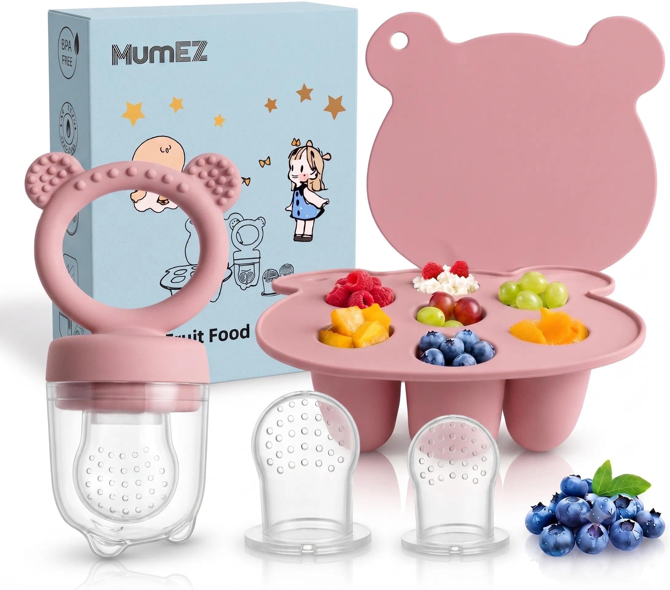 Mangeoire à Fruits pour bébé – grignoteuse bébé Ensemble de mangeoires Pratiques pour, Voyage Auto-Alimentation Facile avec tétine pour Nourriture, Plateaux de congélation Inclus (Rose Poudre)
