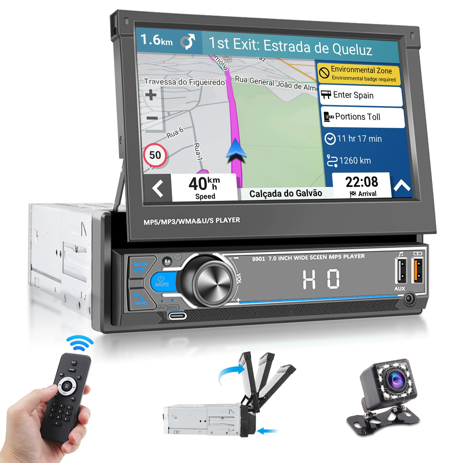 Hikity 1 DIN Autoradio con 7 Inch Manual Plegable Touch Display Radio de Coche Plegable Pantalla Táctil Bluetooth 2USB/SWC/FM Radio/AUX/TF/Type-C Charging/Mic mit Mirror Link Cámara de Marcha Atrás