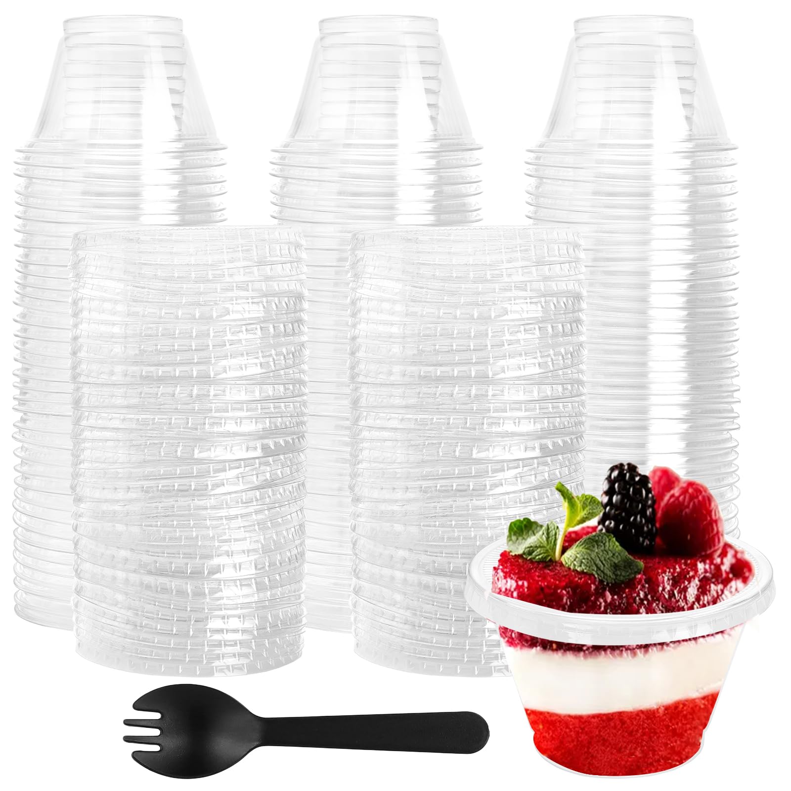150 Clear Plastic Dessert Cups, 6oz/180ml with Flat Lids, Disposable for Drinks, Smoothie, Juice, Milkshake