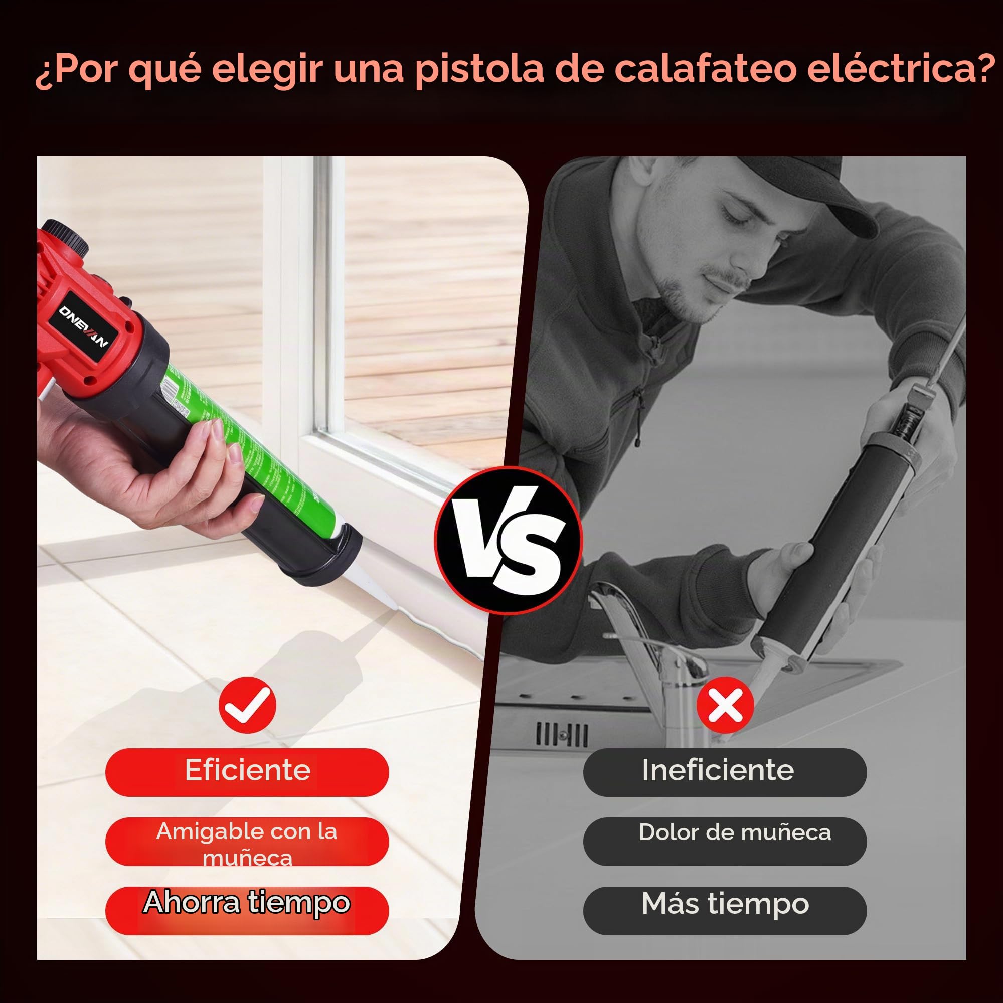 ONEVAN Pistola para Cartuchos Inalámbrica 300ml Brushless 2x1,5Ah | 300ml Capacidad, 300kg Fuerza, Velocidad variable, Cargador rápido, Luz LED brillante, Para ventanas y juntas