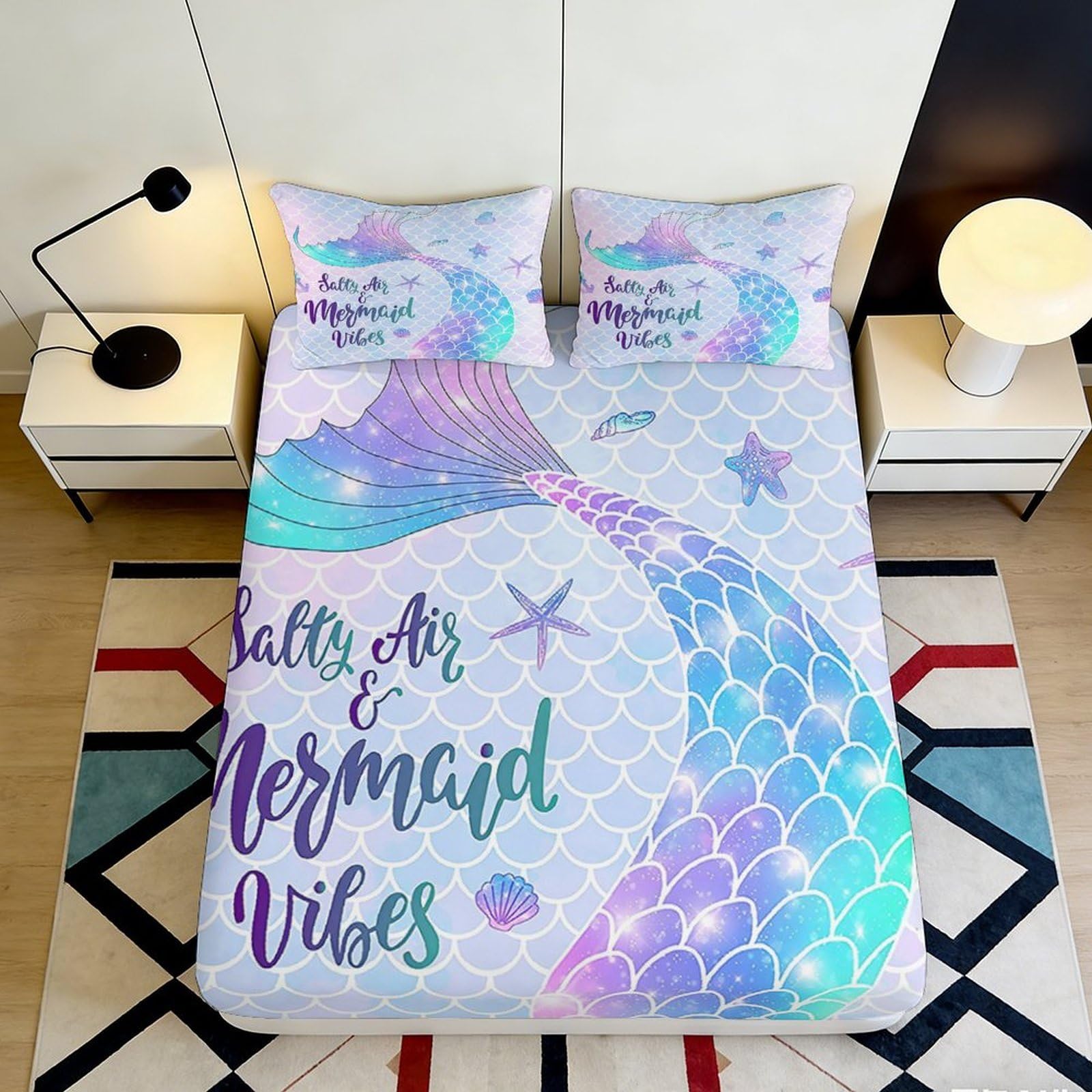 3D Printed Mermaid Tail Fitted Sheet Microfiber Soft Pastel Rainbow Mattress Cover for Bedroom Dorm Room Decor 90x200x25cm