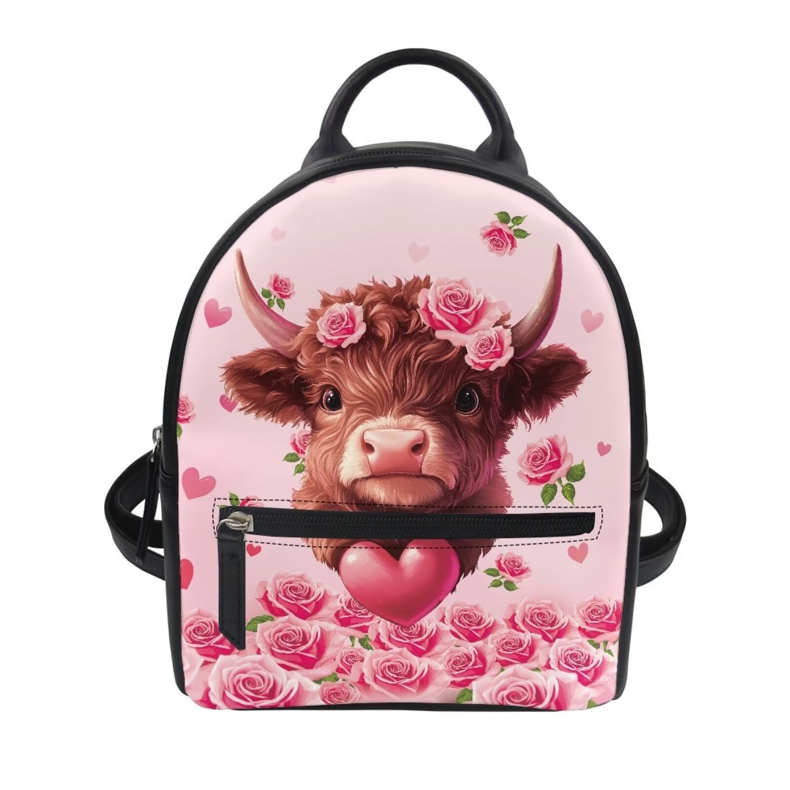 Showudesigns Highland Cow Purse for Women Backpack Purses Valentines Mini Handbag for Teen Girls Travel Shoulder Bags Pink Rose Casual Daypack with