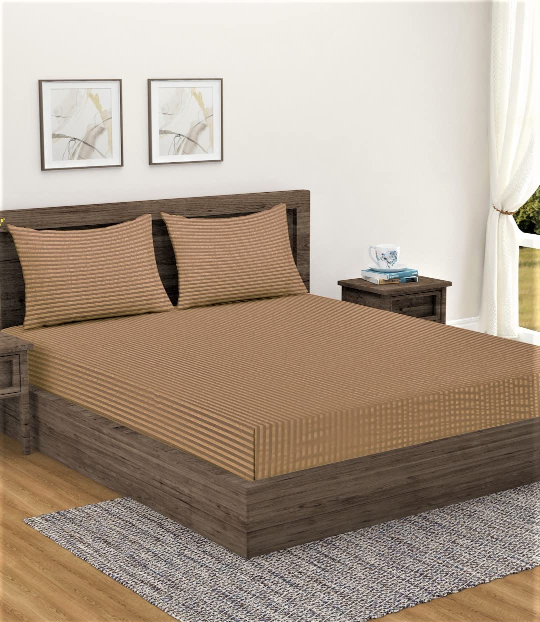 Home Sizzler 300TC Cotton Beige Satin Striped Double Bedsheet with 2 King Size Pillow Covers, 90"X92" (B0BS6JSCW7) Amazon Price History, Amazon Price Tracker