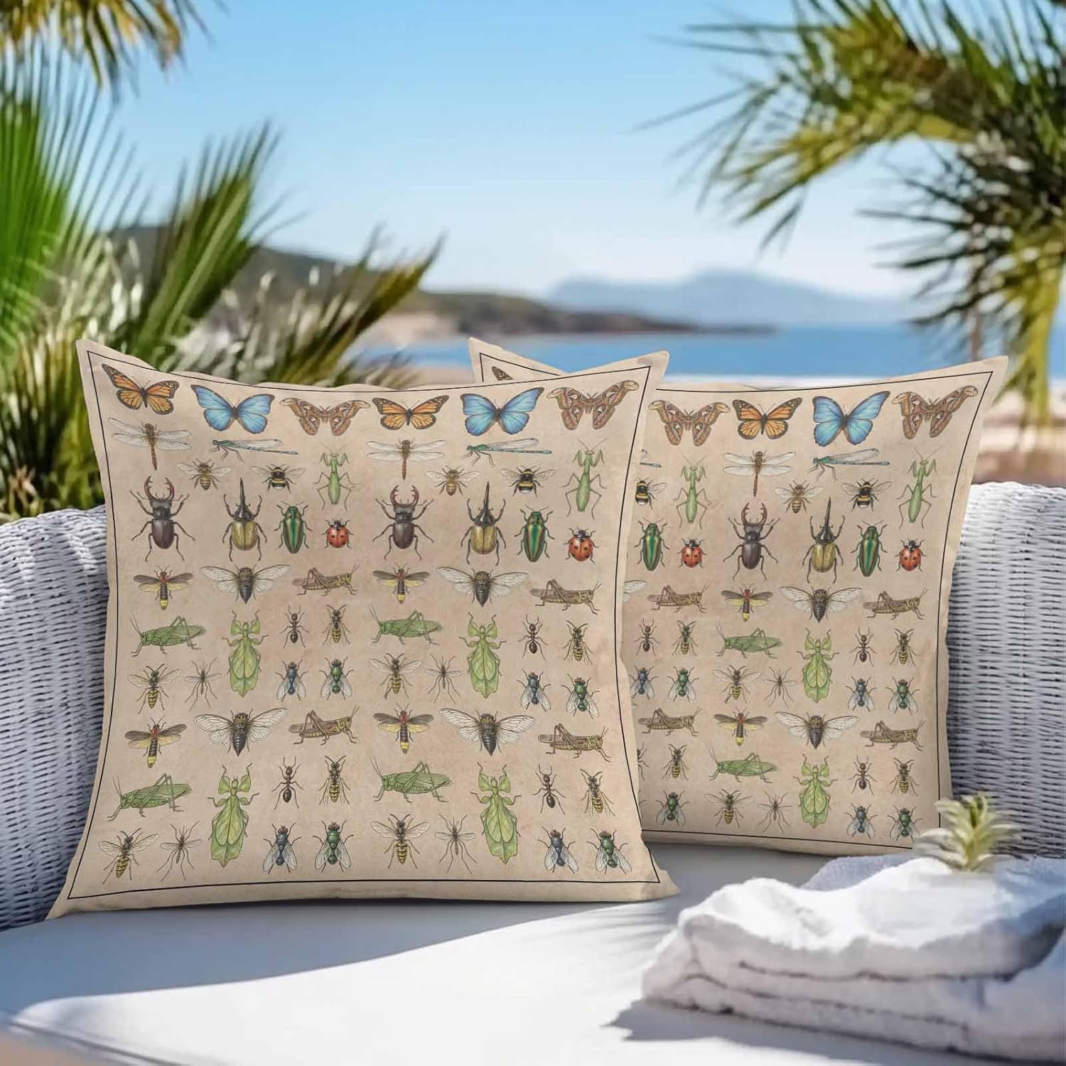 Insects Outdoor Pillow Covers 20 x 20 inch Set of 2 Retro Butterfly Dragonfly Ladybug Beetle Linen Texture Waterproof Throw Pillow Cover Cushion Case for Home Outside Patio Furniture Garden Porch