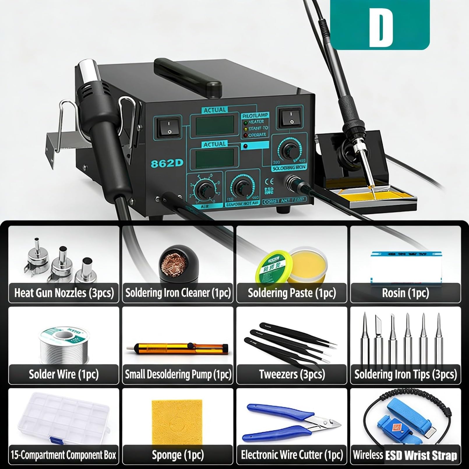 Stacja rozlutownicza, lutownica 2 w 1 600 W, stacja lutownicza z gorącym powietrzem, cyfrowy wyświetlacz LED, regulowana temperatura do naprawy elektroniki i projektów DIY