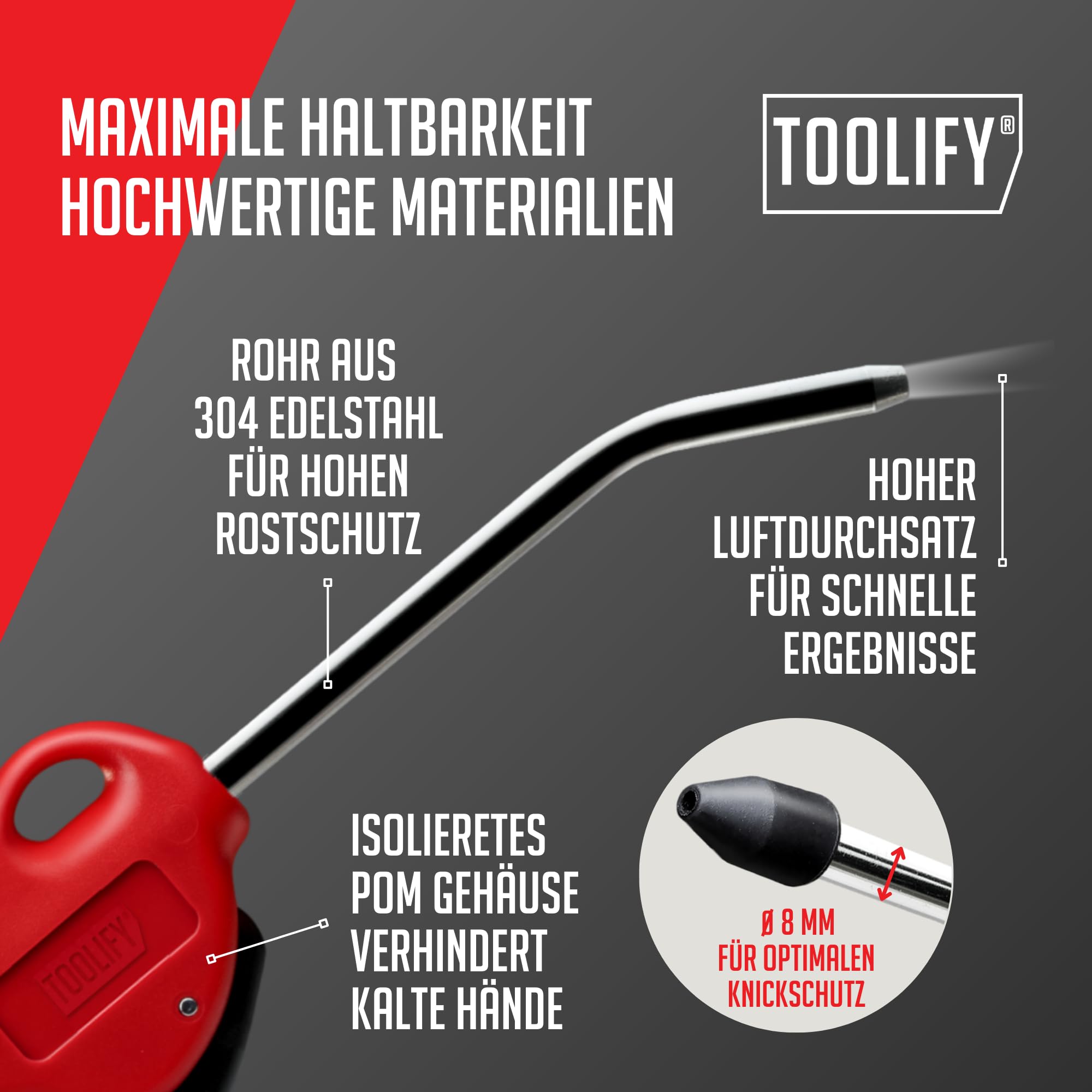 Druckluftpistole lang 1000 mm | max 16 bar | lange Ausblaspistole mit Edelstahlrohr, Schutzkappe, Druckluftnippel, bruchfestes POM Gehäuse | hohe Luftmenge für Profi-Reinigungen
