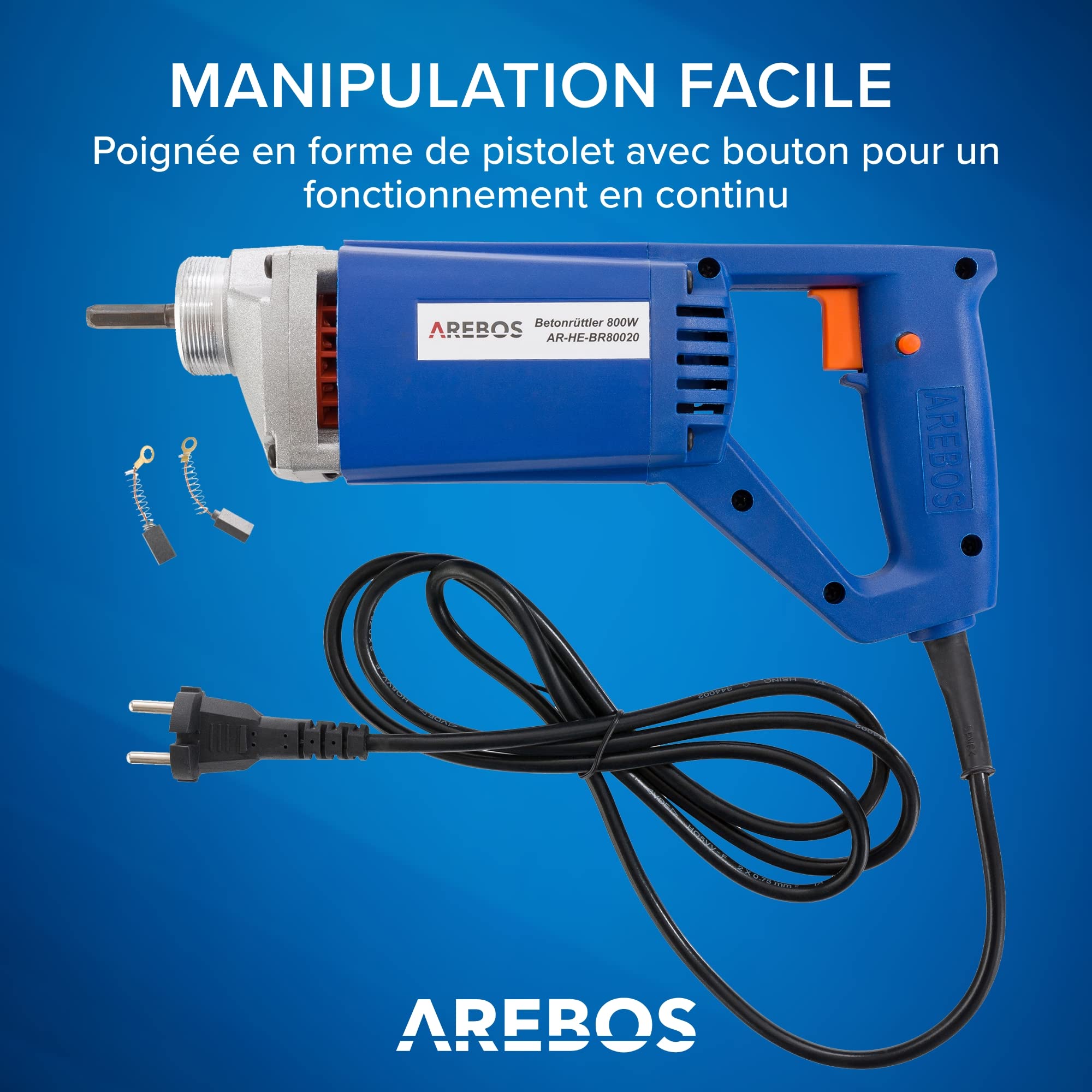 Arebos Vibrateur pour béton | 800W | Vibrateur intérieur | Vibrateur manuel | Bouteille vibrante | Vibrateur pour bouteille | Câble de 2 m | Electrique | Arbre flexible | Fonctionnement continu