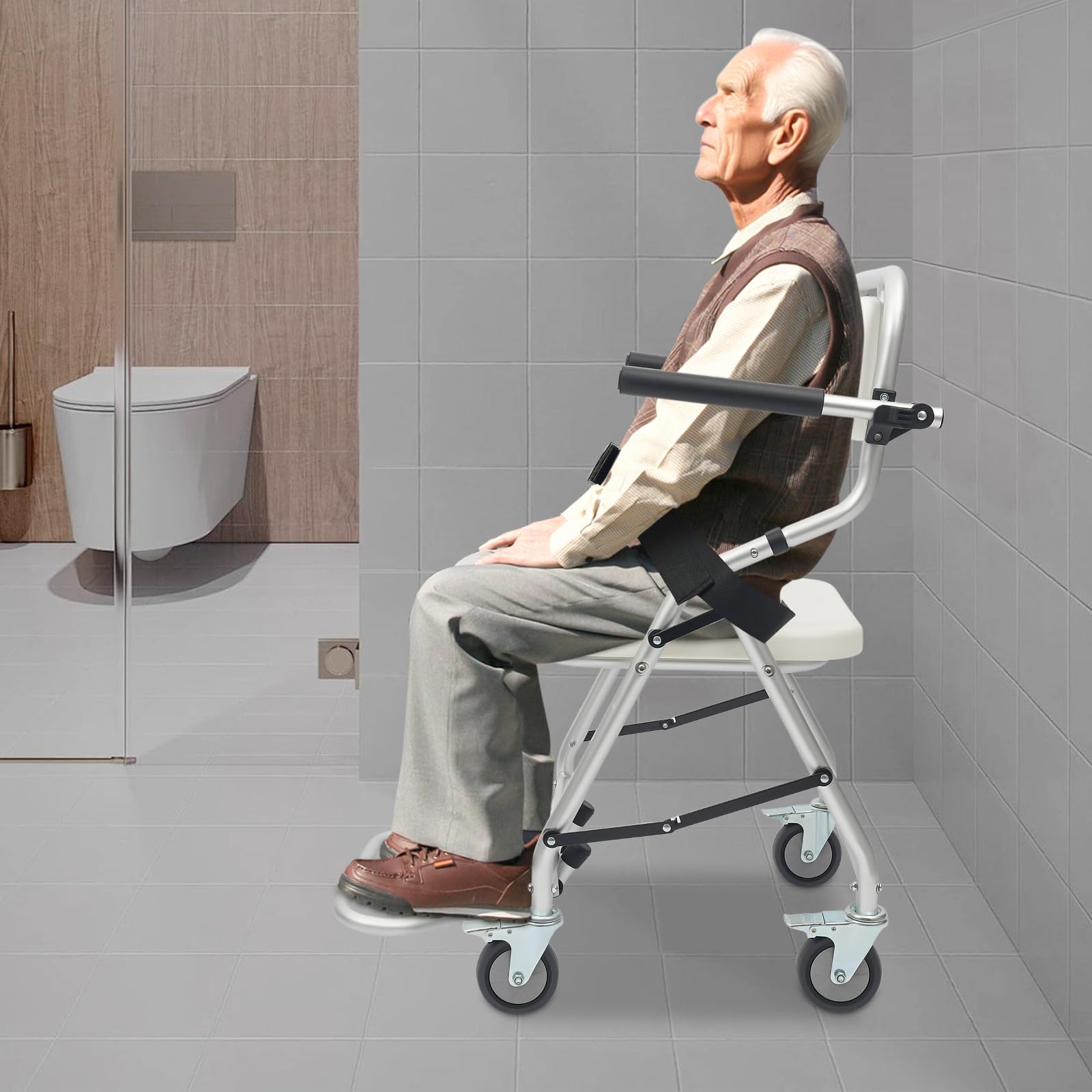 Taburete de ducha plegable con respaldo con 4 ruedas universales, soporta 150 kg, diseño plegable para baño, dormitorio, hospital, residencia, centros de rehabilitación, etc