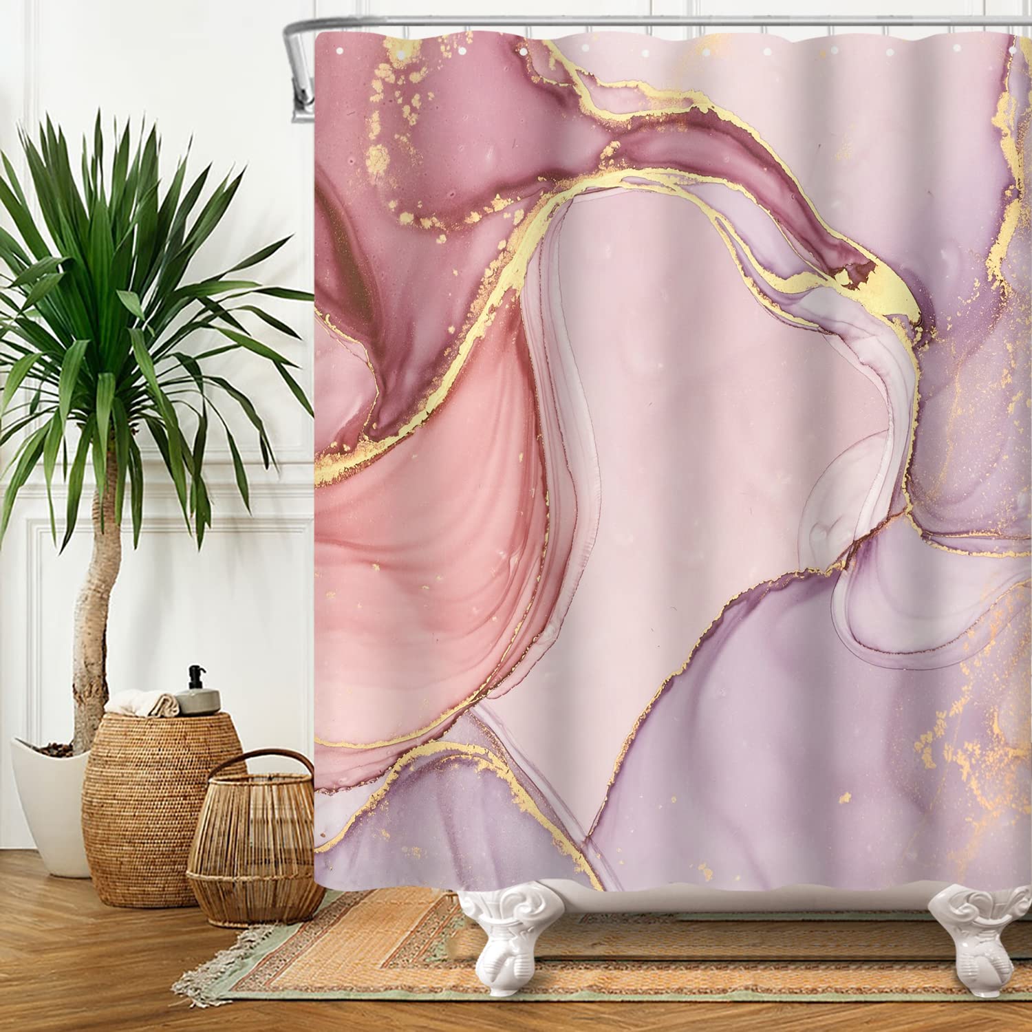 SDOTPMT 152x183cm Marble Shower Curtain Mixed Pink Purple Luxury Texture Golden Powder Bath Curtain Abstract Smooth Swirl Bathtub Curtain for Bathroom Fabric Polyester Waterproof with Hooks - Image 3