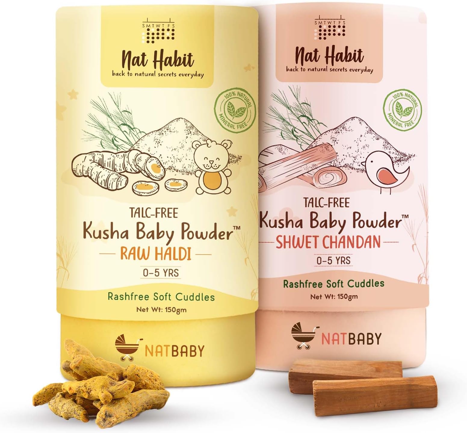 Raw Haldi & Shwet Chandan Kusha Baby Powder, Chemical Free & Rashfree Soft Protection, 0-5 Yrs - 150 g Each (Combo Pack of 2)