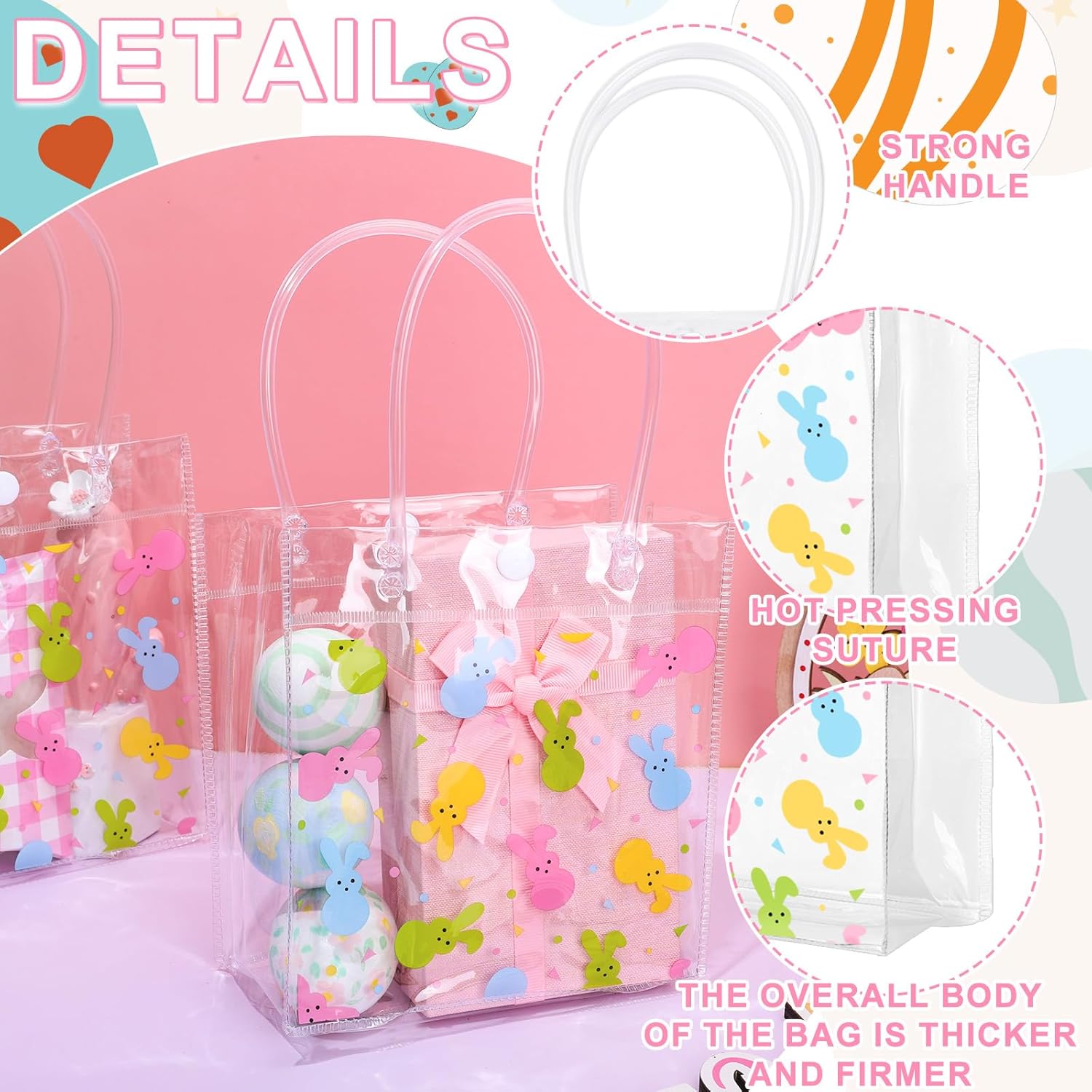 FYSUIMU 12 Pcs Easter Clear PVC Gift Bags with Handle Easter Bunny Party Favors Bags Colorful Rabbit Reusable Transparent Treat Tote Bags for Spring Birthday Holiday Party Supplies - Image 3