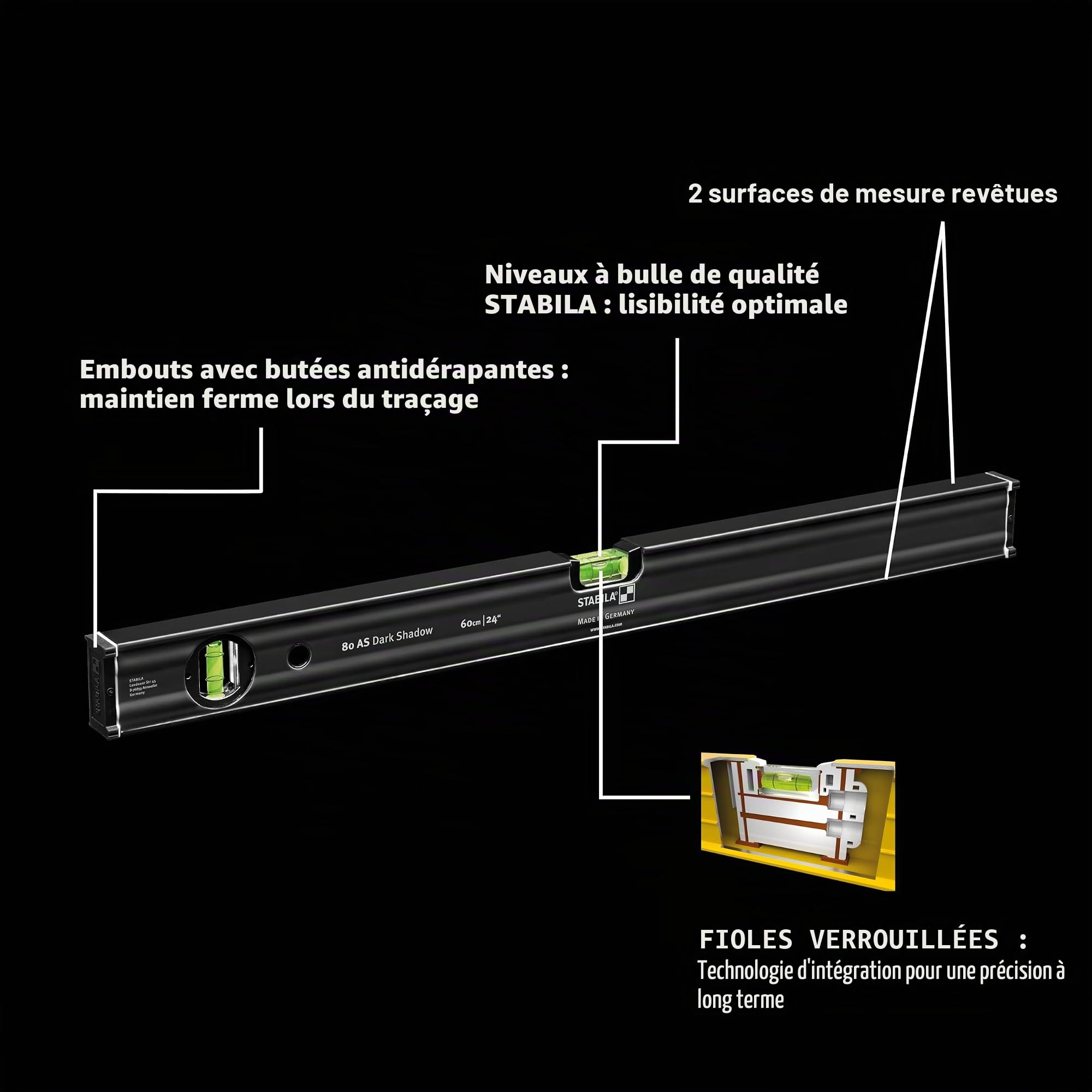 STABILA 80 AS Dark Shadow Lot de 2 niveaux à bulle 60 cm/100 cm, revêtement anthracite mat élégant, profil en aluminium renforcé, butée antidérapante intégrée, fabriqué en Allemagne