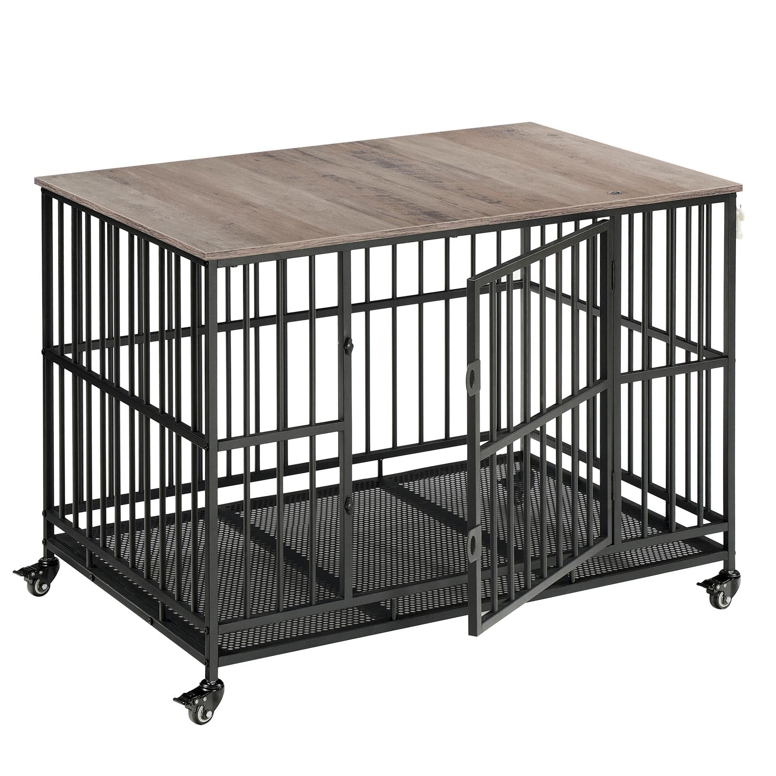 HOOBRO Heavy Duty Dog Crate, Large Dog Kennel Furniture, Dog Crate End Table, 38.7" Wooden Cage Kennel, Flip-Top Side End Table,for Small/Medium Dog, Home and Indoor, Greige and Black BG98GW03