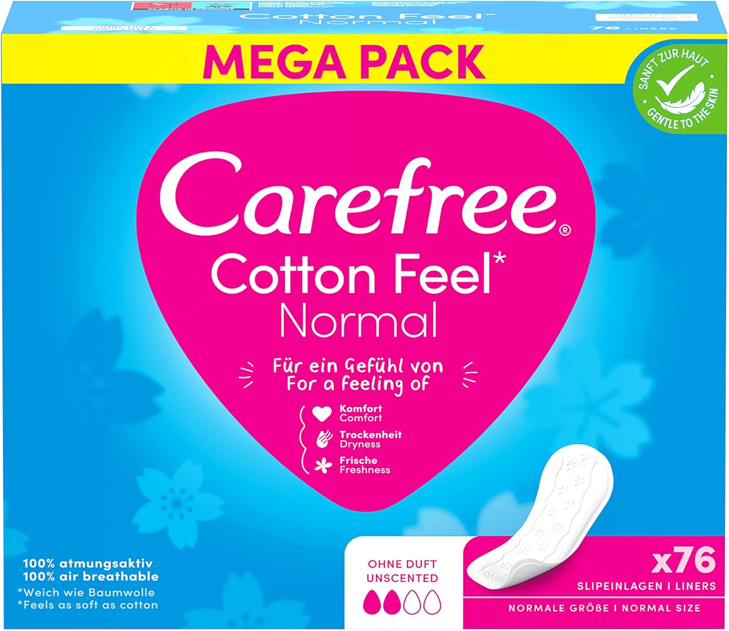 Carefree Cotton Feel Normal Breathable Pantiliners, Fragrance Free, Absorption Level 2, Size Regular, Pack of 76