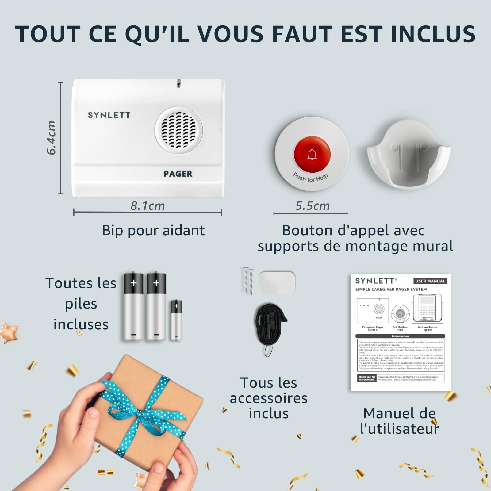 Bouton d'appel pour Personnes âgées et soignants sonneurs Système d'alerte SOS Portable Alarme pour Appel d'infirmière, Personnes âgées, Patients, urgences domestiques, 150 mètres