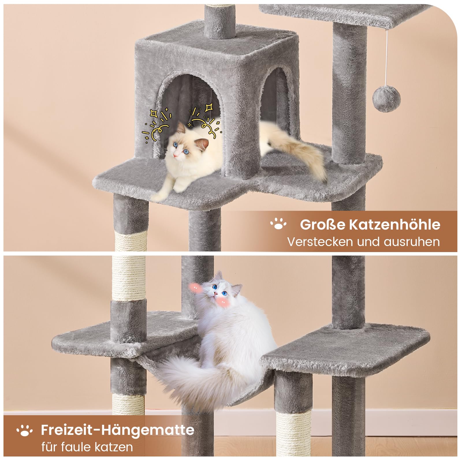 MSmask Kratzbaum groß, L Katzenkratzbaum Stabil, Katzenbaum mit Katzenhöhlen, Plattformen, Hängematte, Sisalsäulen, mehrstöckiger Kletterbaum (Hellgrau, 150 cm)