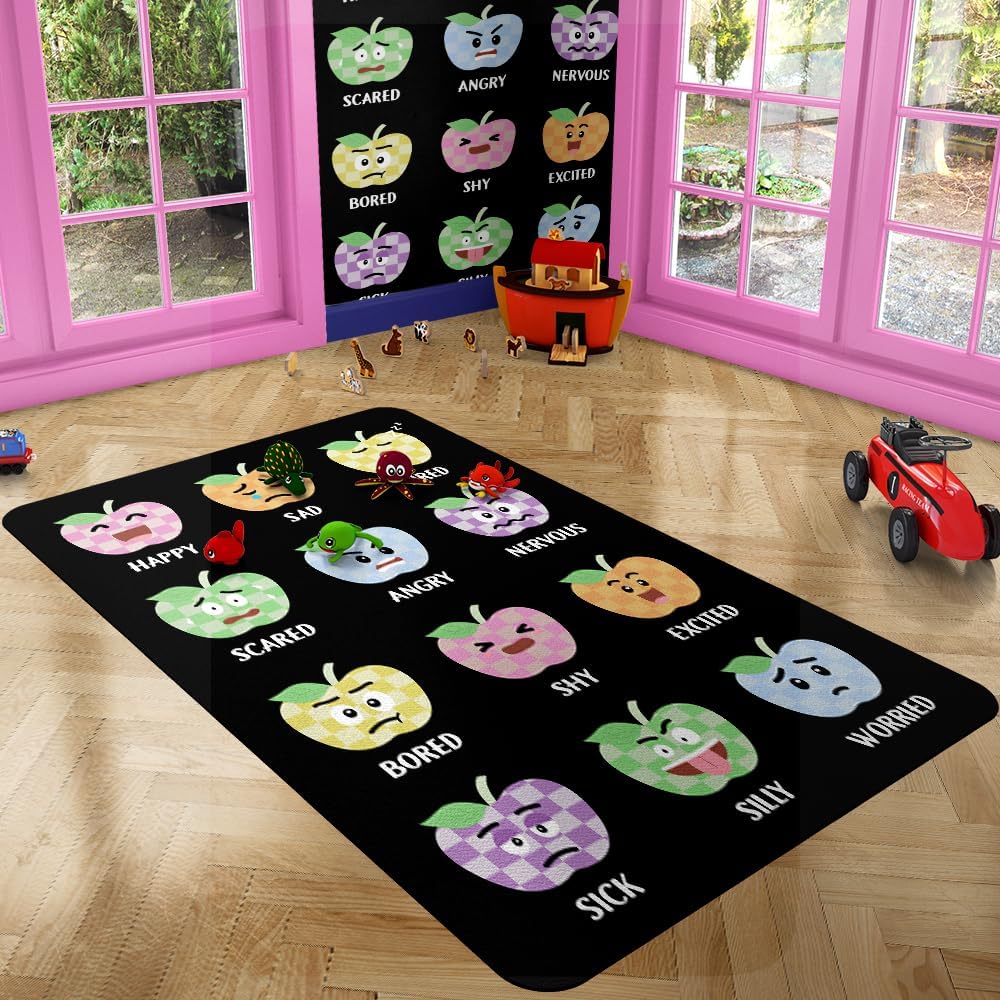 Feelings Chart Area Rug, Classroom Rug, Mental Health, Calming Corner Carpet with Fruit Sit Spots, Non Slip Emotions Rugs for Elementary, Nursery School (Checkerboard Fruit Classroom)