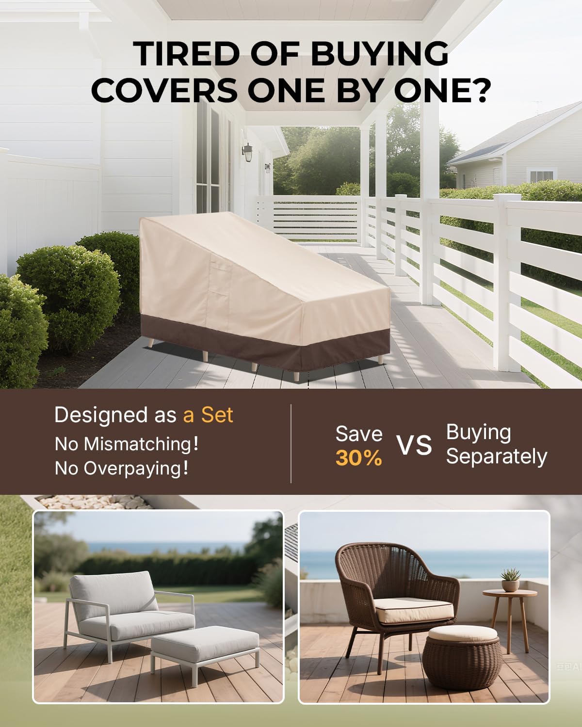 Loriano 2-Pack Outdoor Chair Cover with Ottomans, Waterproof Furniture Cover for 2 Chairs & 2 Ottomans, Heavy Duty 600D Oxford Fabric, All-Weather UV and Windproof for Patio Sets