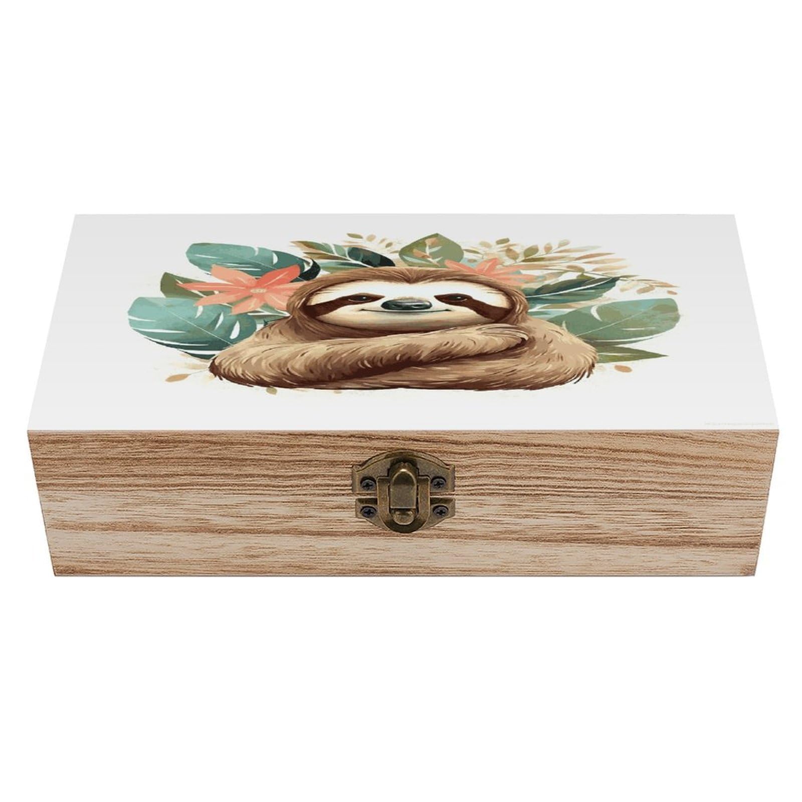 JTREHY Cute Sloth Leaves Wooden Keepsake Box Vintage-Style Wood Keepsake Case with Hinged Lid Solid Wood Boxes Beautifully Memory Treasure Case Vintage-Style Wooden Storage Box