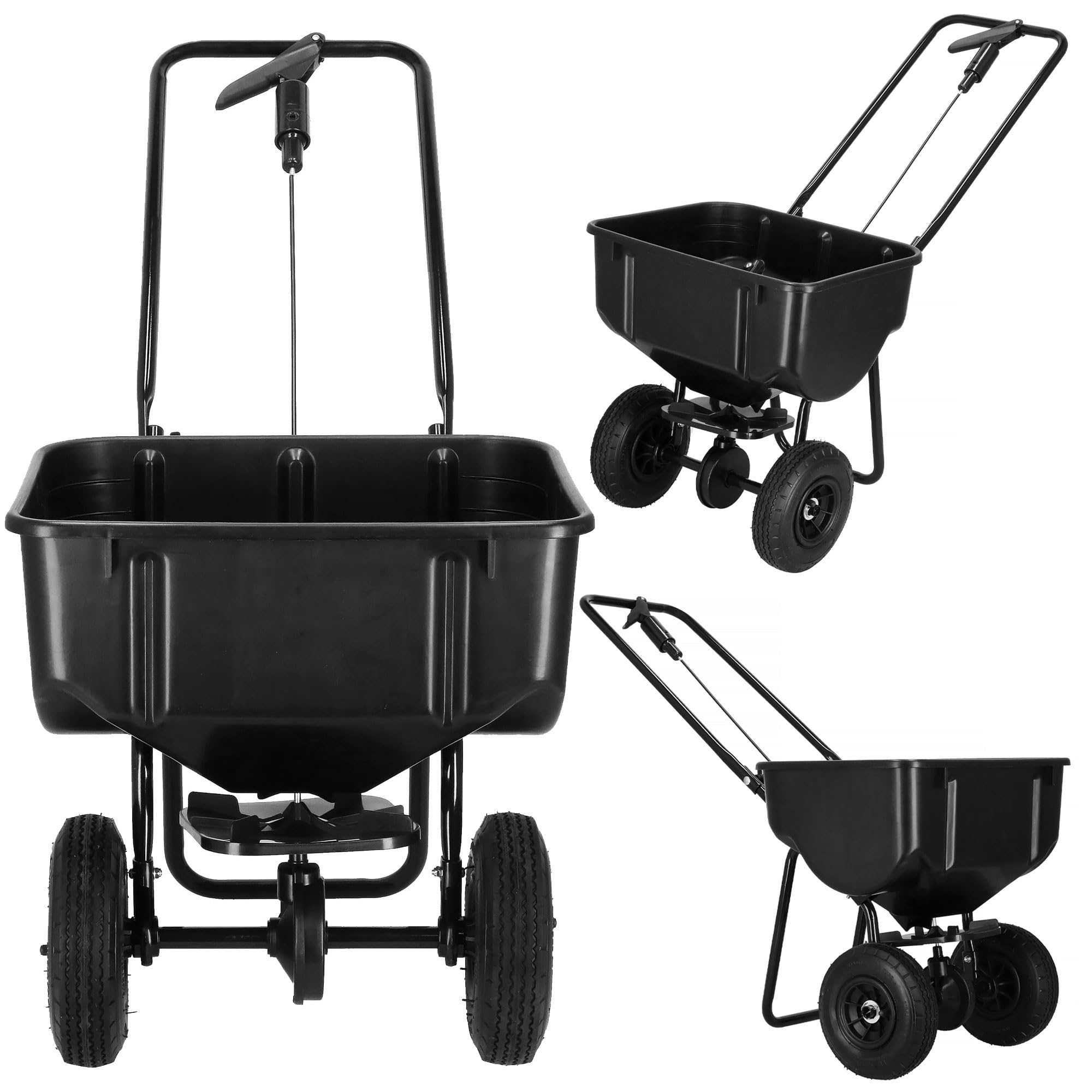 Epandeur 25 kg capacité Noir avec 2 Roues pneumatiques Ø 21 cm Acier-Plastique bac 48x37x25 cm pour graines Engrais sel de déneigement pelouse allées Jardin