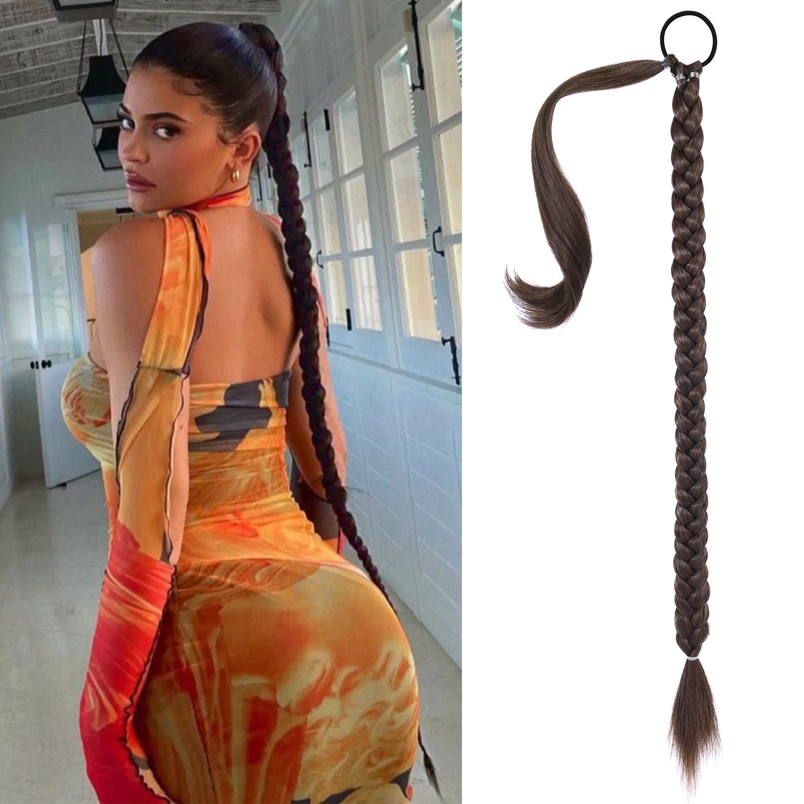 SEIKEA Long DIY Braided Ponytail Extension with Hair Tie Straight Wrap Around Hair Extensions Ponytail Natural Soft Hair Piece Dark Brown with Copper