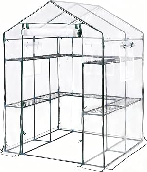 Walk-in Greenhouse, 56 x 56 x 77 Inch Outdoor Plant Green House with 3 Tiers 12 Shelves, Heavy Duty Steel Frame & Thicken PE Cover, Portable Greenhouses for Balcony Patio Deck Gardening Clear
