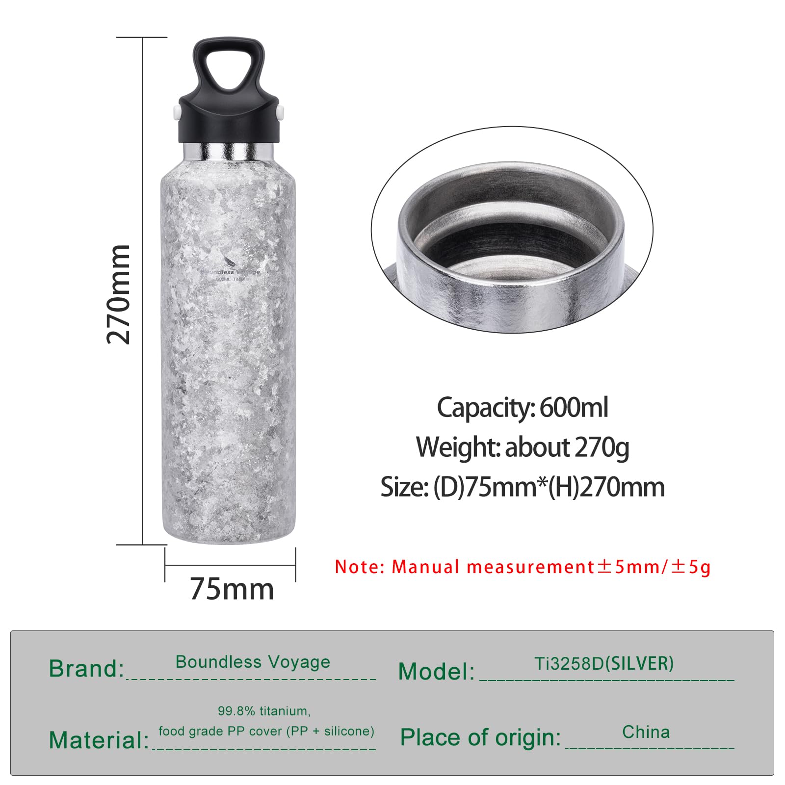 Boundless Voyage Insulated Water Bottle Titanium Vacuum Water Bottle Reusable and Leak-Proof Drinkware for Gym School Office Travel Outdoor (Large Silver) - Image 2