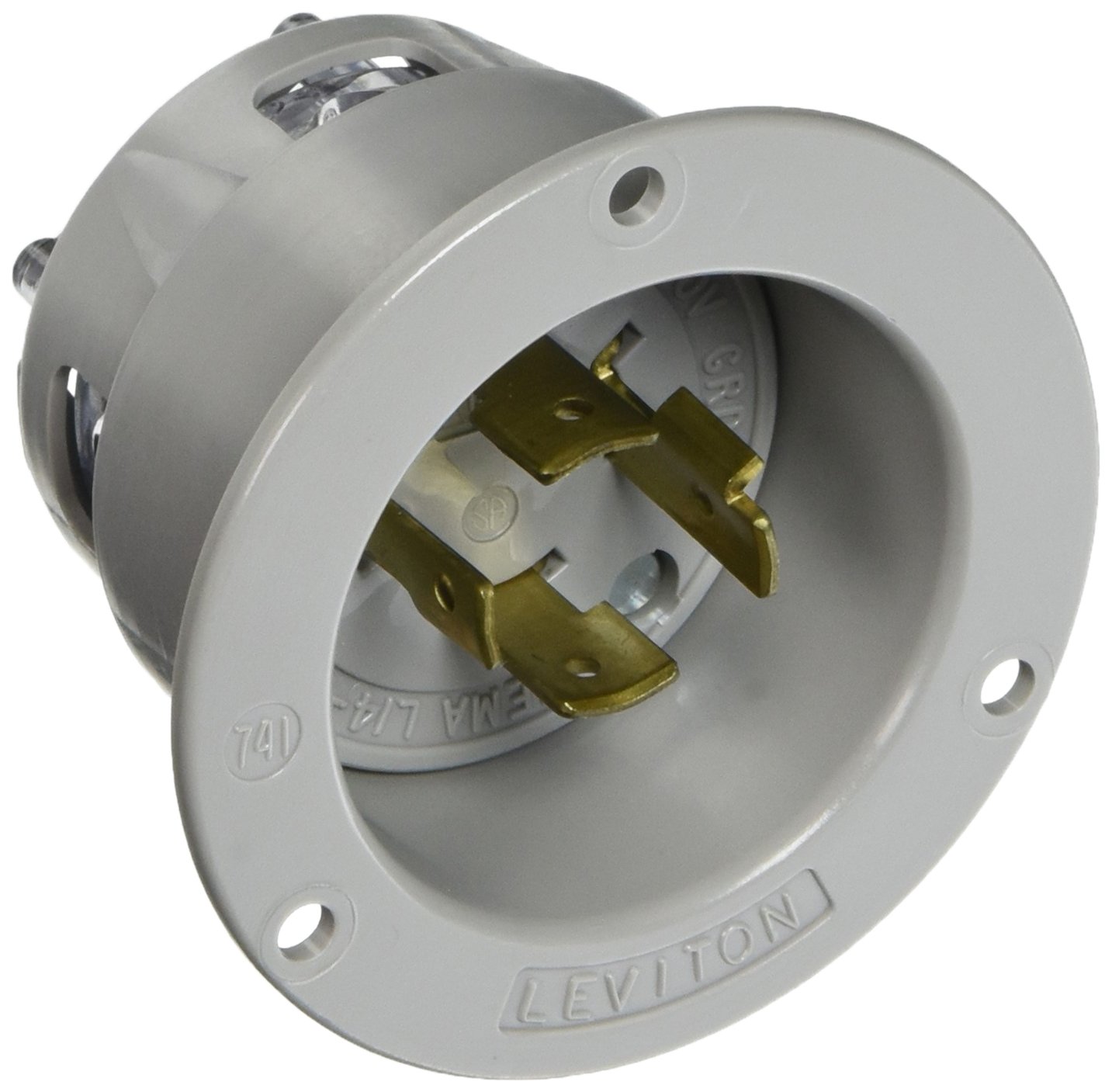 Leviton 2415 20 Amp, 125/250 Volt, Flanged Inlet Locking Receptacle, Industrial Grade, Grounding, Gray