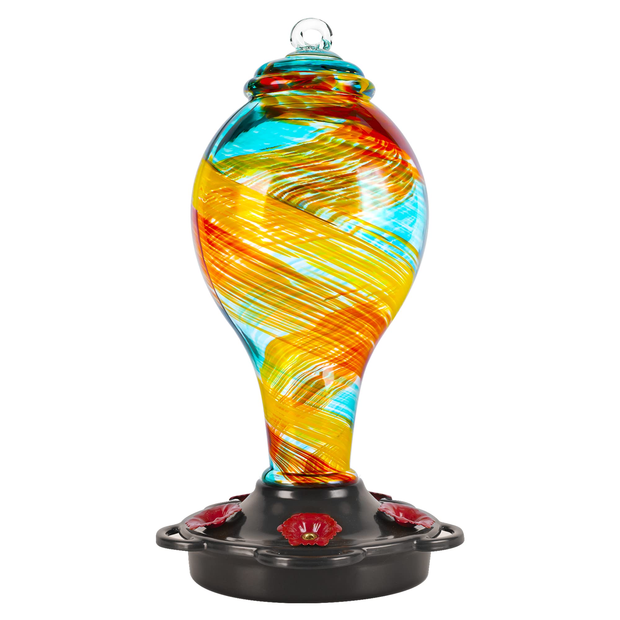 LUJIIHand Blown Glass Hummingbird Feeder for Outdoors Hanging with Ant Moat, 25 fl.oz, Leak Proof & Rustproof, Metal Base with 5 Feeding Ports & 5 Perches, Unique Garden & Backyard Decor (Ribbon)