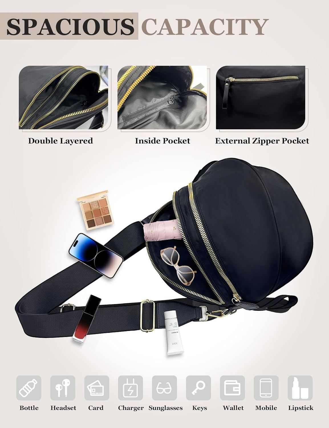 Bum Bags for Women Nylon Crossbody, Spacious Fanny Packs Belt Bag Large Sling Bag with Adjustable Strap (Black) - Image 5