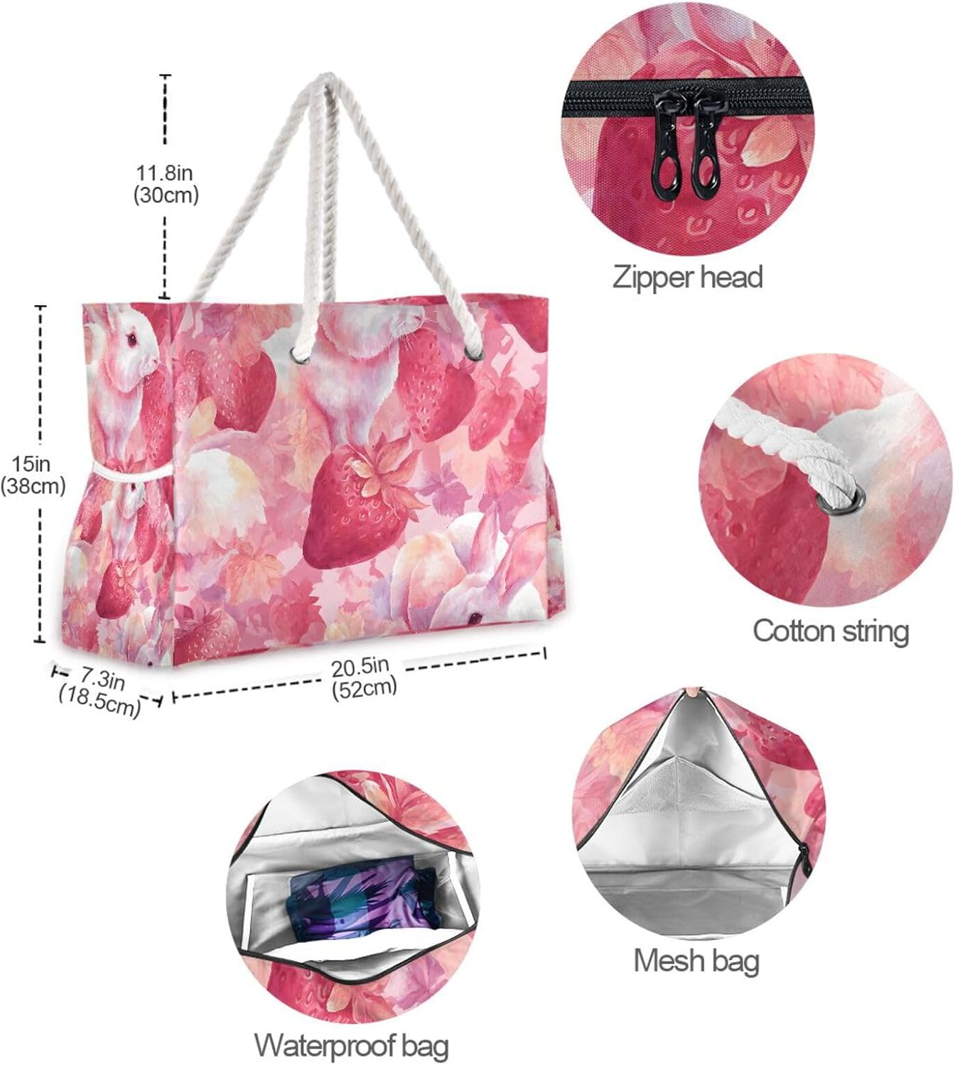 OTVEE White Rabbits with Strawberries Pattern Beach Bags for Women Ladies Large Canvas Tote Shoulder Bag Waterproof Travel Bags for Gym Swim Pool Camping