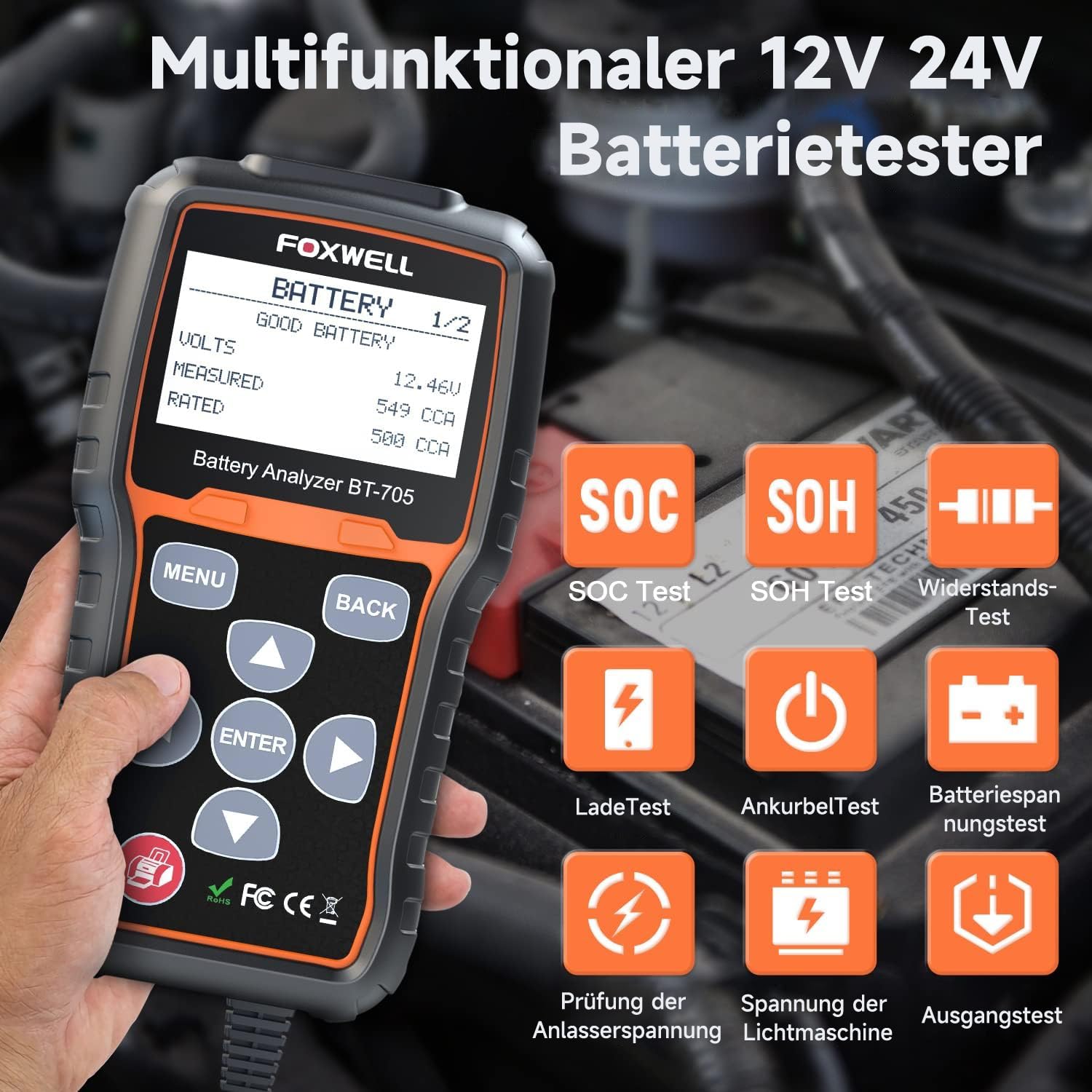FOXWELL BT705 Batterietester 12V 24V, KFZ Autobatterie Tester 100-2000CCA Lasttester, Car Batterie Tester auto Lade-Anlasser-System Autoatterie Analysator für Auto, SUV, Motorrad, LKW, Marine.