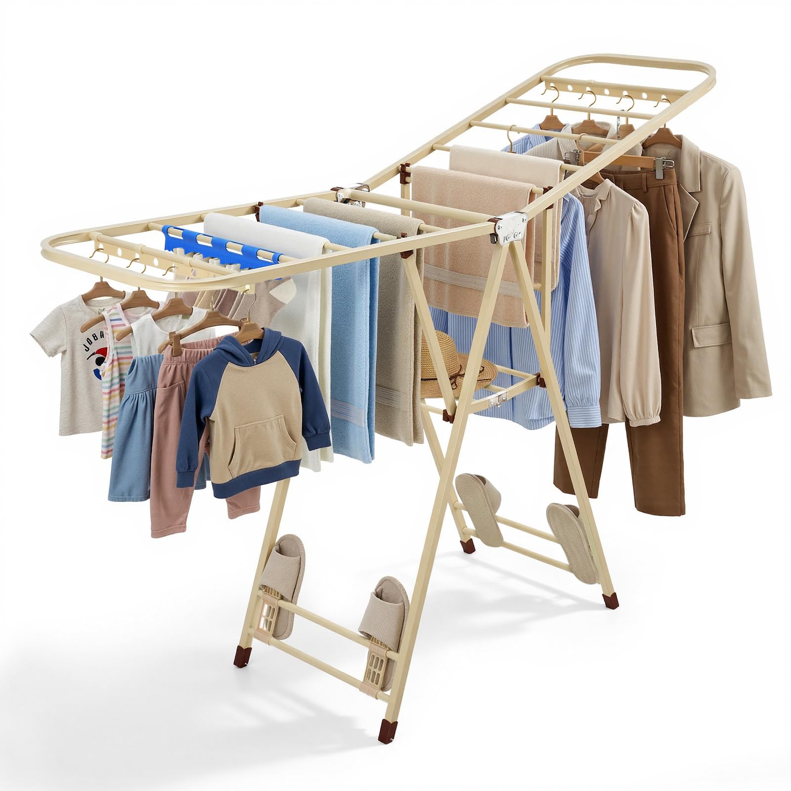 Clothes Drying Rack, Foldable 2-Level Laundry Cream Drying Rack, Free-Standing Laundry Airer, with Height-Adjustable Wings, 12 Drying Rails, Windproof strips, Sock Clips, Integrated hidden wheels