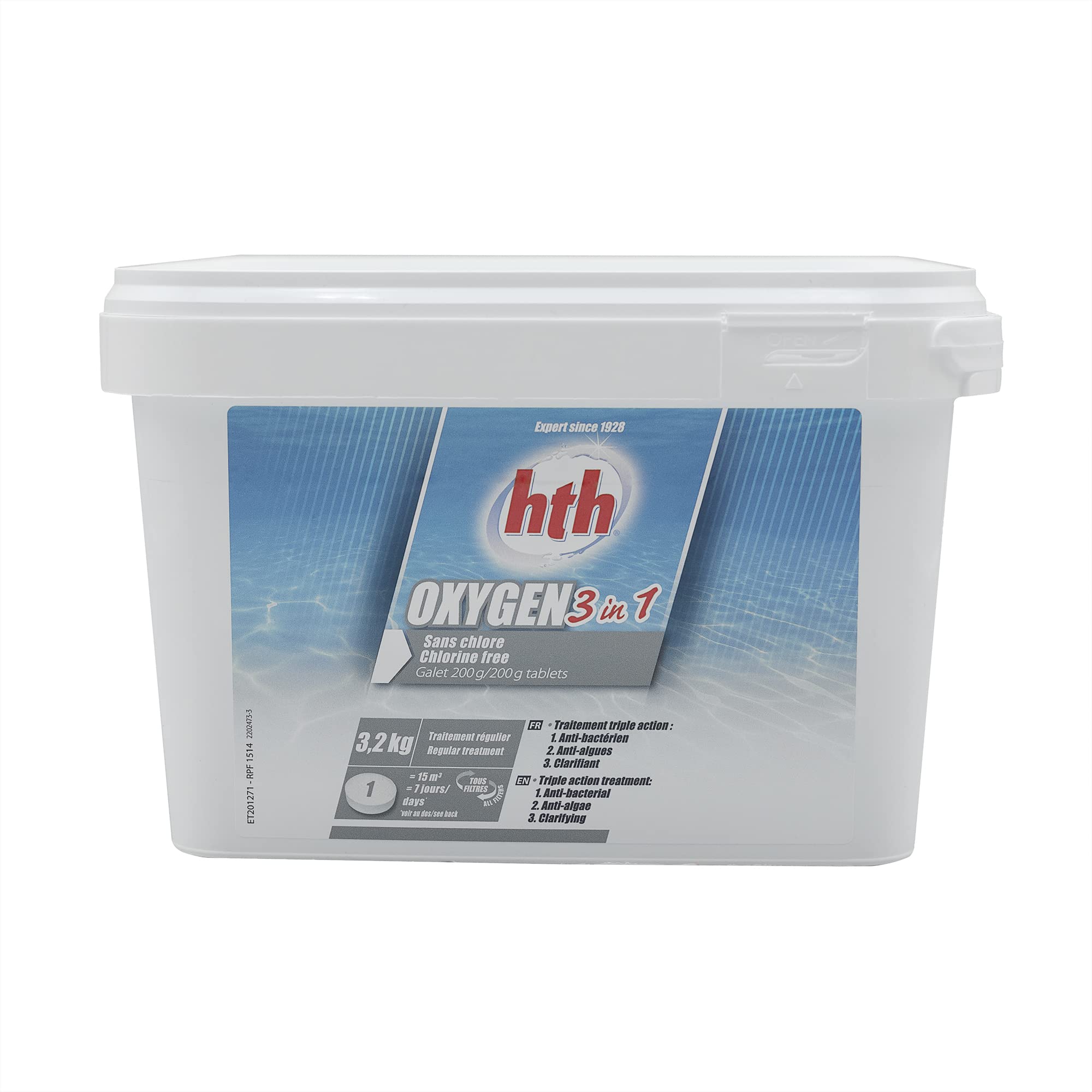 HTH Oxygen 3 en 1 Galet Multi Fonction 200g - 3,2kg | Oxygène Actif Multiaction - Désinfection Régulière Multifonction - sans Chlore - Dissolution Lente + 10 Tests HPS OFFERTS 6 en 1