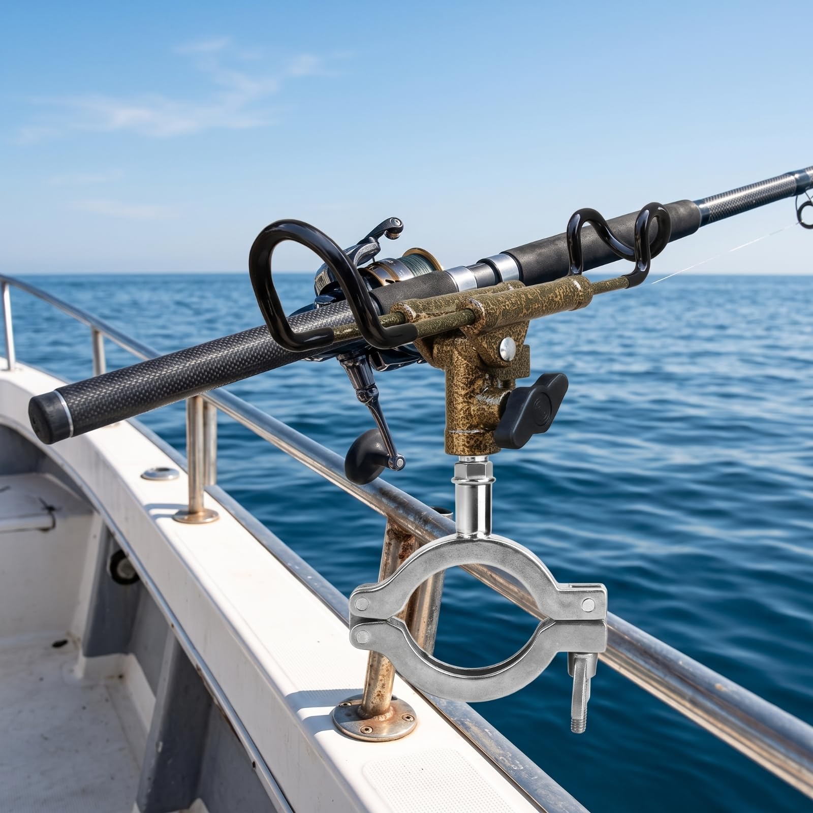 Porta Canna da Pesca per Barca con Clamp su Corrimano Rotondo Supporto Orientabile con Manopole di Blocco Costruzione in