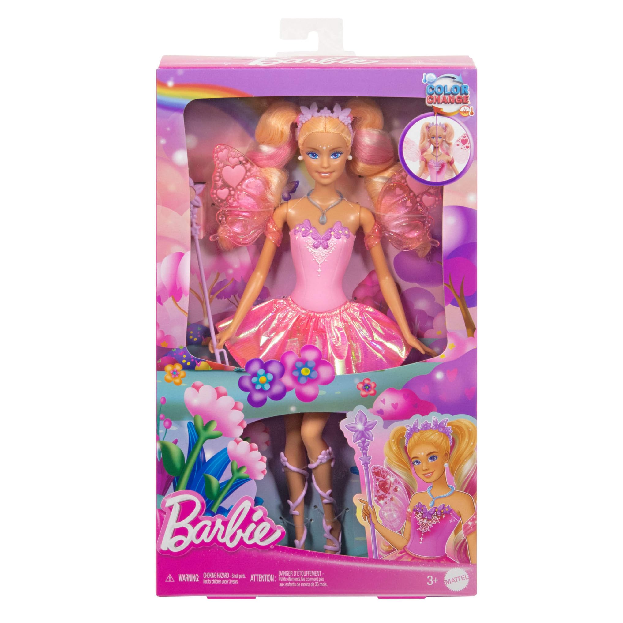 Mattel Barbie Hada Muñeca con varita de juguete y accesorios de moda, temática de fantasía con cambio de color en las alas y el conjunto, JCP76
