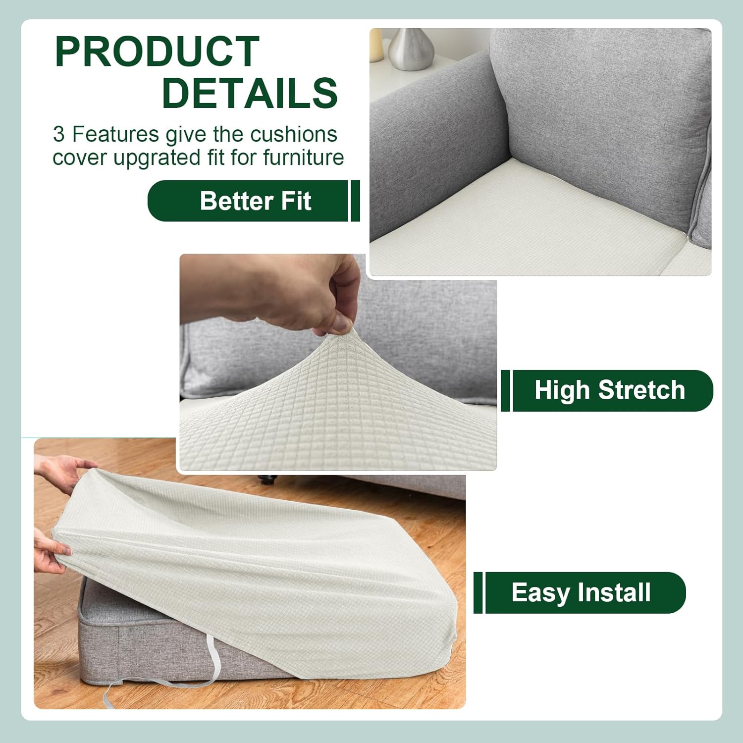 UNBBRRL 100% Leak-Proof Patio Cushion Covers, Stretch Replacement Outdoor Cushion Covers Waterproof, Non-Slip Jacquard Furniture Covers for Outdoor Seating (Ivory,W: 63-75", D: 35-43")