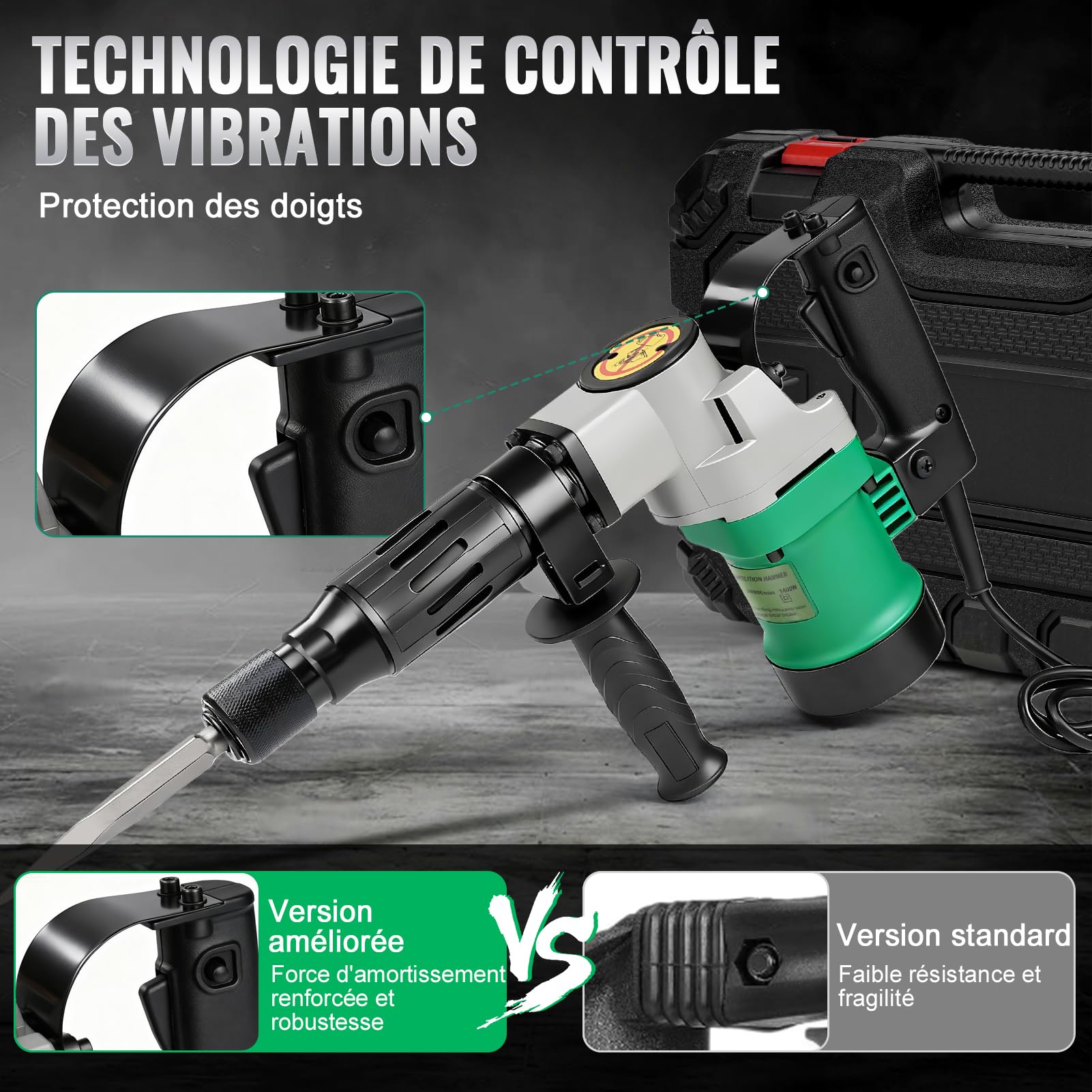 Marteau Piqueur, 1400W 30 Joules Marteau Piqueur De DéMolition Marteau Perforateur Burineur Electrique Avec Burin Pointu Et Burin Plat,Anti-Vibration PoignéE Rotative 360° Pour Brise-BéTon