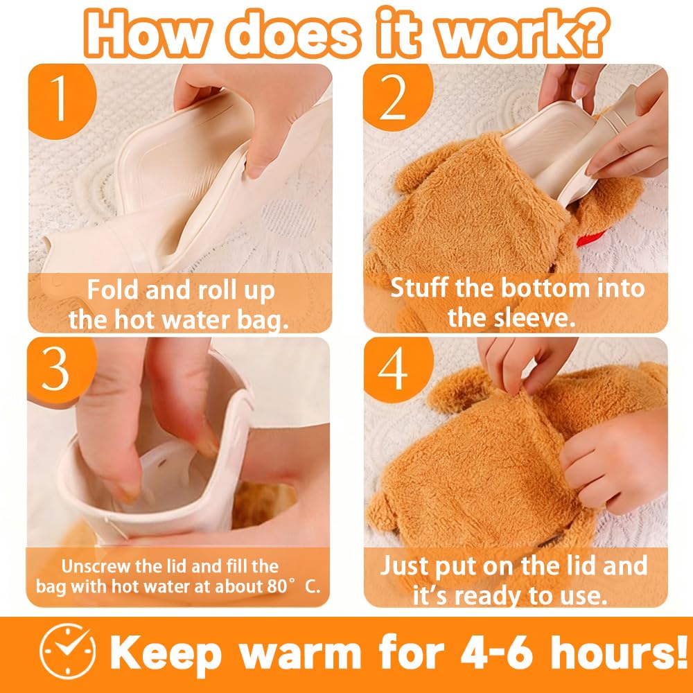 Bolsa de agua caliente prémium,Bolsa de Agua Caliente para el Alivio del Dolor,Botellas de Agua Caliente de Goma,Felpa Bolsas Agua Caliente,Hot water bottle with cover (F)