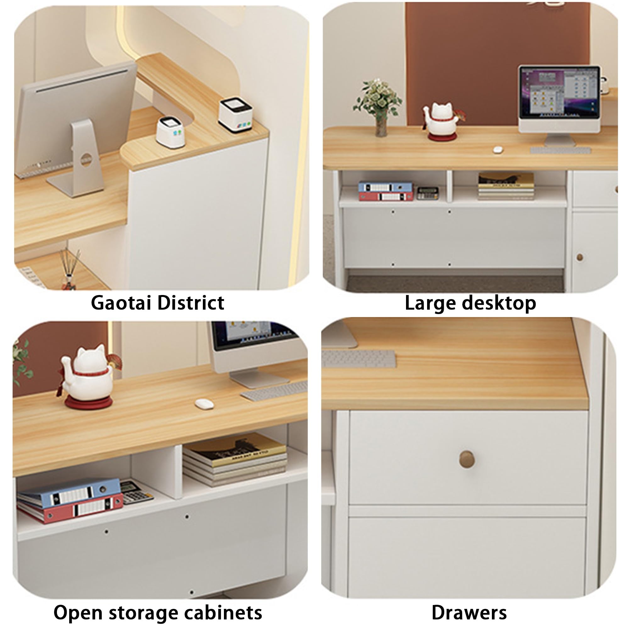 Mostrador de recepción con cajón y estantes Abiertos con Esquinas Redondeadas for Oficina, salón, Tienda y cafetería(Beige-Right,120cm)
