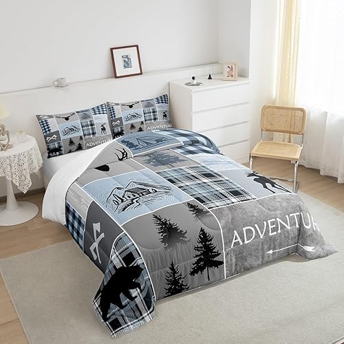 Miniatura 4 de Juego de edredón de cabaña, juego de ropa de cama rústica de oso y ciervo, tamaño matrimonial para niños, adolescentes y adultos, edredón de
