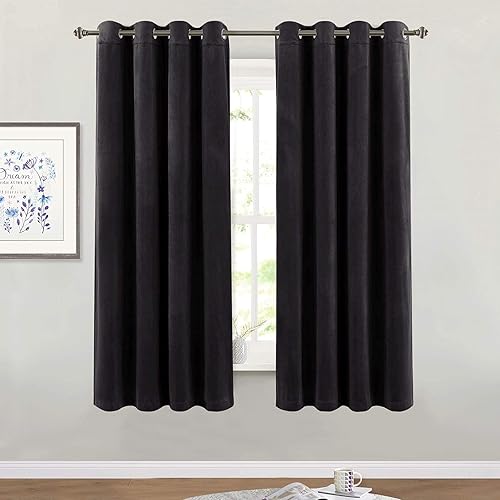 Blackout Velvet Curtains for Bedroom - Super Soft Smooth Thermal Insulated Velvet Drapes with Grommet Top Heat & Noise Reducing Window Covering for Study Room/Loft, W52 x L63, Black, 2 Pcs
