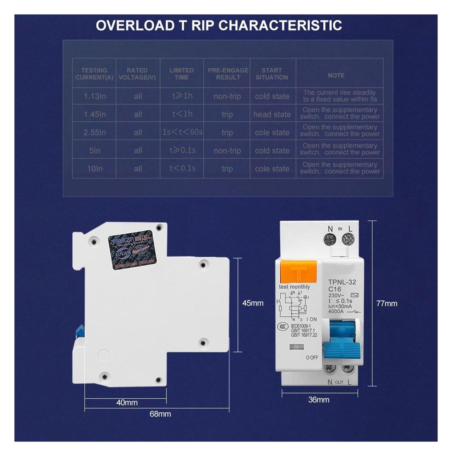 Interruttore differenziale DPNL 230V 1P+N con protezione da sovracorrente e cortocircuito RCBO MCB(16A)