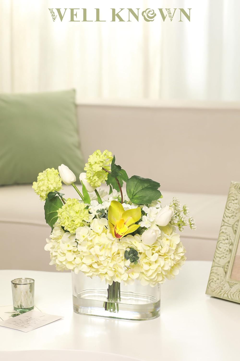Fake Hydrangea Tulip Flowers in Vase, Artificial Flowers in Vase, Silk Hydrangea Tulip Flowers Dining Table Centerpiece Decorations for Living Room Birthday Wedding Party Decoration & Gift (Green) - Image 4