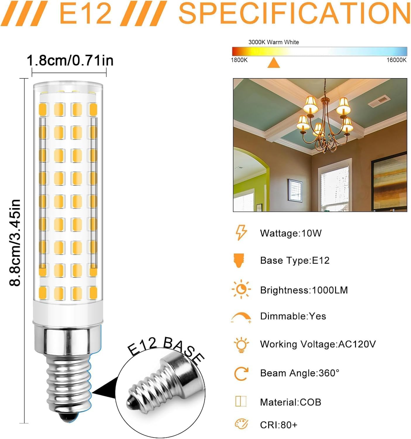 Dimmable E12 Led Bulb 100W Equivalent E12 Long Bulb,3000K Warm White,AC120V 10W 1100 Lumen T4 LED Chandelier Light Bulbs for Ceiling Fan Pendant Lighting Salt Lamp,4 Pack
